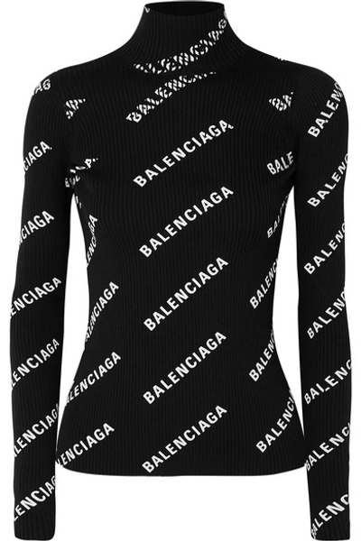 Shop Balenciaga Open-back Printed Ribbed-knit Turtleneck Top In Black
