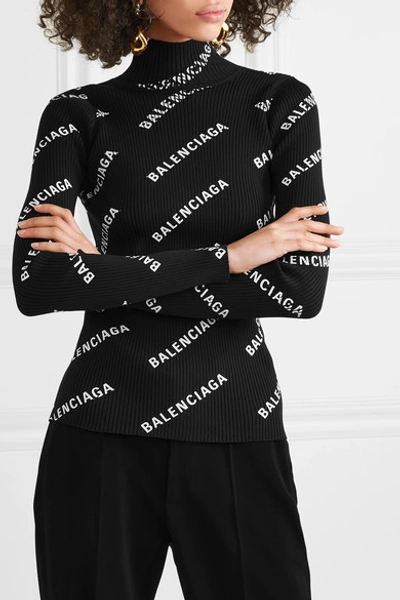 Shop Balenciaga Open-back Printed Ribbed-knit Turtleneck Top In Black