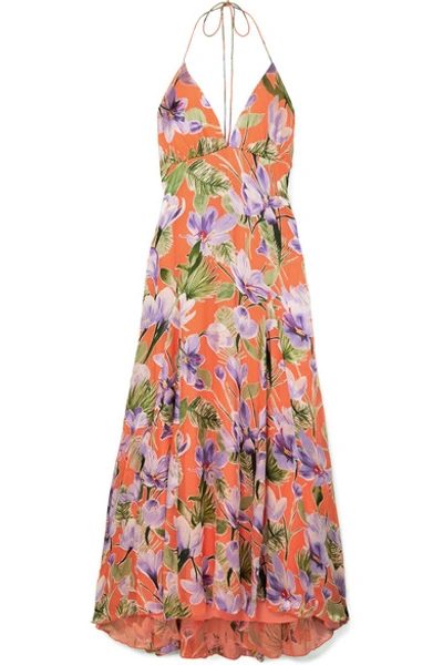 Shop Alice And Olivia Hetty Floral-print Flocked Satin Maxi Dress In Coral