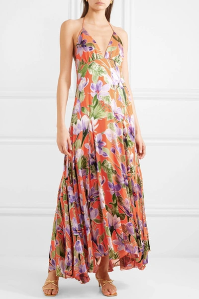 Shop Alice And Olivia Hetty Floral-print Flocked Satin Maxi Dress In Coral