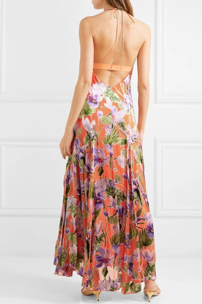 Shop Alice And Olivia Hetty Floral-print Flocked Satin Maxi Dress In Coral