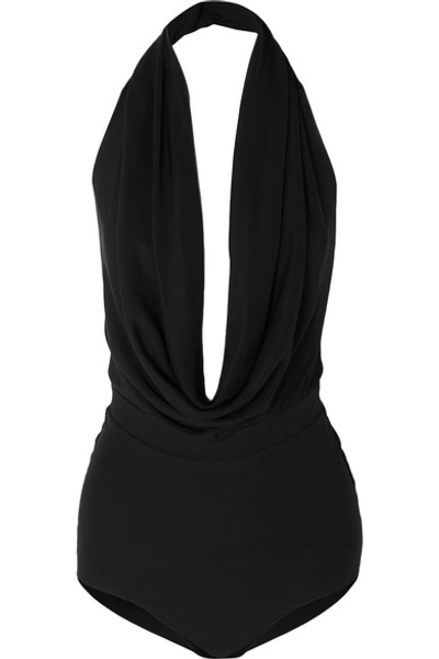 Shop A.w.a.k.e. Michelle Draped Crepe Halterneck Bodysuit In Black