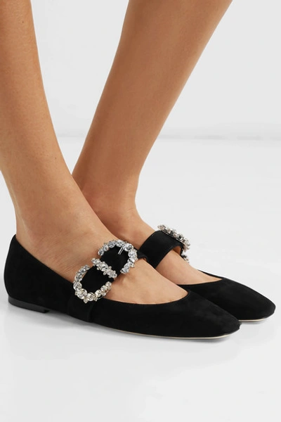Shop Jimmy Choo Goodwin Crystal-embellished Suede Mary Jane Ballet Flats