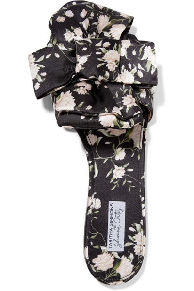 Shop Tabitha Simmons + Johanna Ortiz Camilla Bow-embellished Floral-print Satin Slides In Black