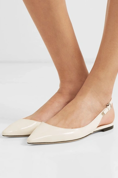 Shop Jimmy Choo Erin Patent-leather Slingback Point-toe Flats In White