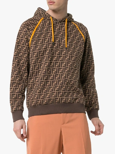 Shop Fendi Contrast Drawstring Logo Print Hoodie In Brown