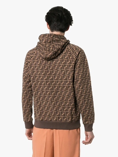Shop Fendi Contrast Drawstring Logo Print Hoodie In Brown
