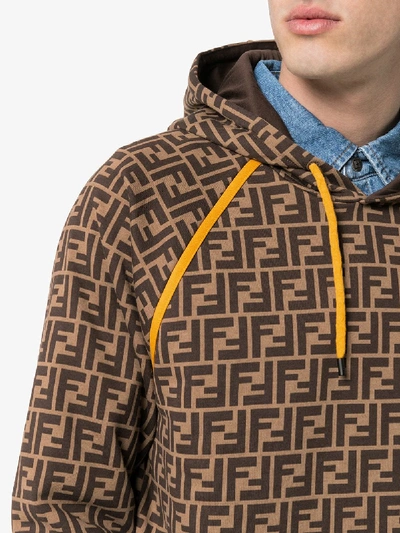 Shop Fendi Contrast Drawstring Logo Print Hoodie In Brown