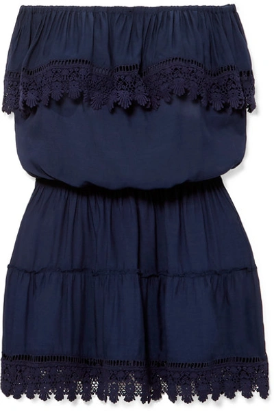 Shop Melissa Odabash Joy Strapless Crochet-trimmed Voile Mini Dress In Navy