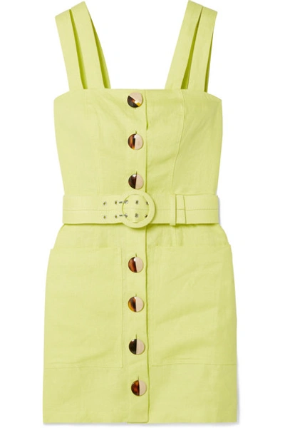 Shop Nicholas Belted Linen Mini Dress In Chartreuse