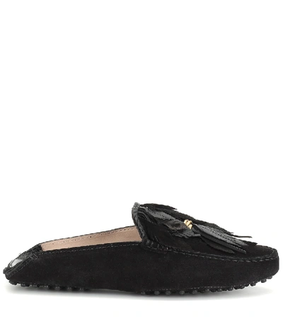 Shop Tod's Suede Slippers In Black
