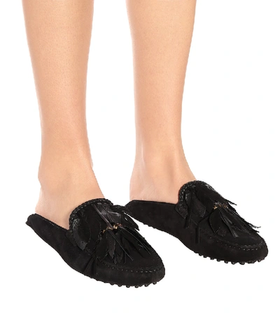 Shop Tod's Suede Slippers In Black