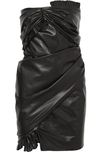 Shop Versace Strapless Ruffled Leather Mini Dress In Black