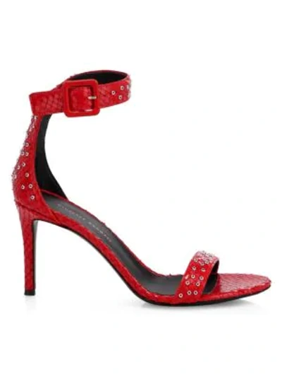 Shop Giuseppe Zanotti Neyla Grommet Croc-embossed Leather Sandals In Red