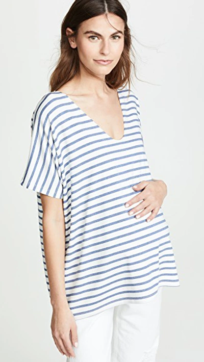 Shop Hatch The Perfect Vee Tee In Chambray/ivory Stripe