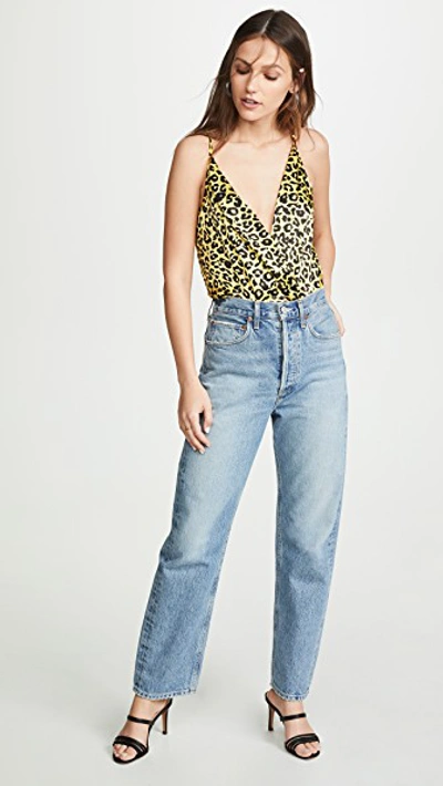 Shop Michelle Mason V Neck Bodysuit In Neon Yellow Leopard