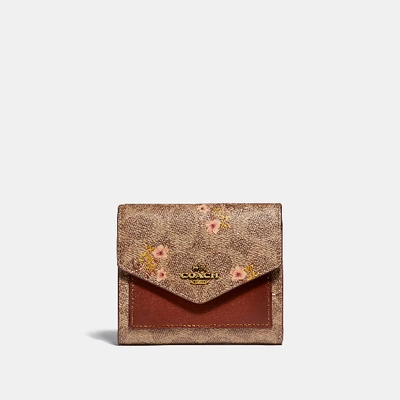 Coach Small Wallet With Floral Print Leather In Brass/chalk C0043