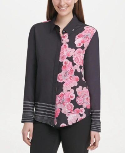 Shop Dkny Collared Floral-print Shirt In Black/hibiscus