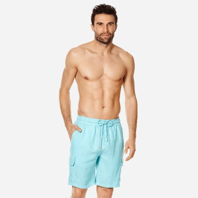 Shop Vilebrequin Men Linen Bermuda Shorts Cargo Pockets In Blue
