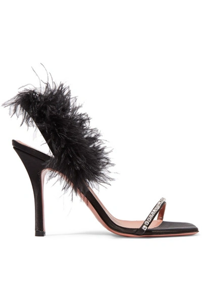 Shop Amina Muaddi Adwoa Crystal And Feather-embellished Satin Slingback Sandals In Black