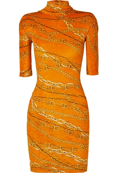 Shop Balenciaga Printed Crushed-velvet Mini Dress In Orange