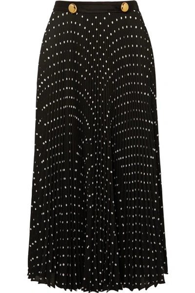 Shop Prada Satin-trimmed Pleated Polka-dot Crepe Midi Skirt In Black