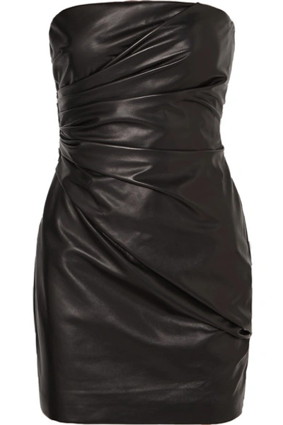 Shop Versace Strapless Ruched Leather Mini Dress In Black