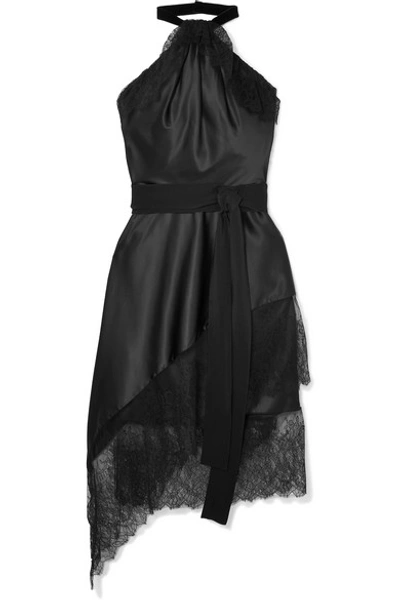 Shop Tom Ford Velvet And Lace-trimmed Stretch-silk Satin Halterneck Dress