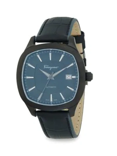 Shop Ferragamo Analog Rounded Leather Strap Watch In Black