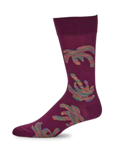 Shop Paul Smith Men's Big Palm Stretch-cotton Mid-calf Socks In Burgundy