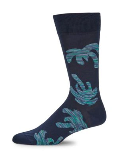 Shop Paul Smith Men's Big Palm Stretch-cotton Mid-calf Socks In Navy
