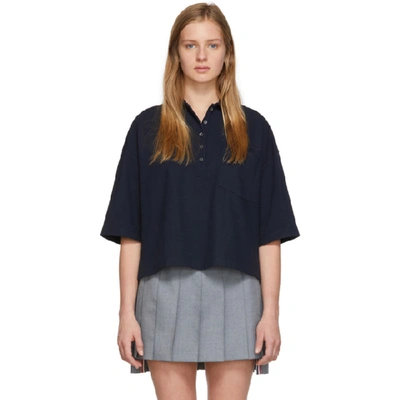 Shop Thom Browne Navy Oversized Pique Polo In 415 Navy