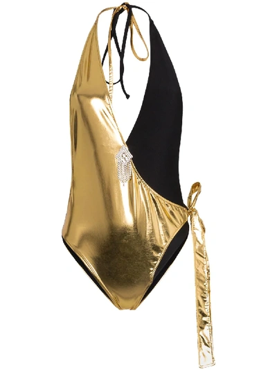 Shop Gucci Halterneck Two-tone Swimsuit - Gold