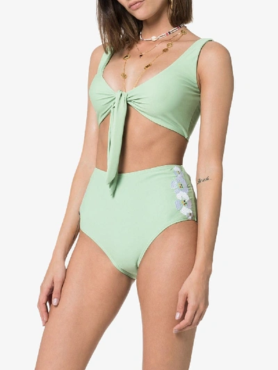 Shop All Things Mochi Lilly Embroidered Flower Sides Bikini In Green