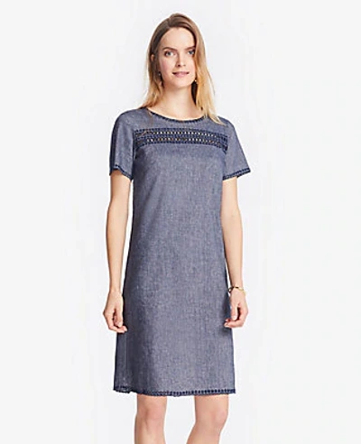 Shop Ann Taylor Embroidered Chambray Shift Dress In Blue Chambray
