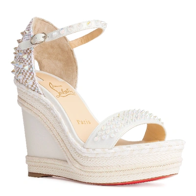 Shop Christian Louboutin Madmonica 120 White Leather Wedges In White/gold