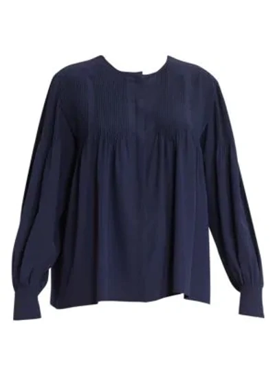 Shop Chloé Pleated Long Sleeve Silk Blouse In Evening Blue
