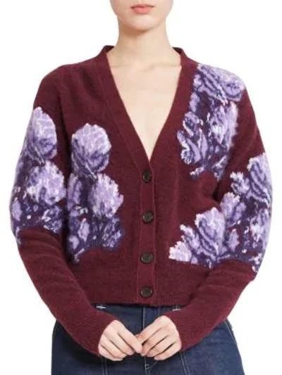 Shop Chloé Floral Intarsia Wool-blend Cardigan In Burgundy