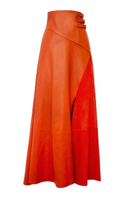 Shop Alejandra Alonso Rojas Buckled Waistband Leather Flared Skirt In Orange