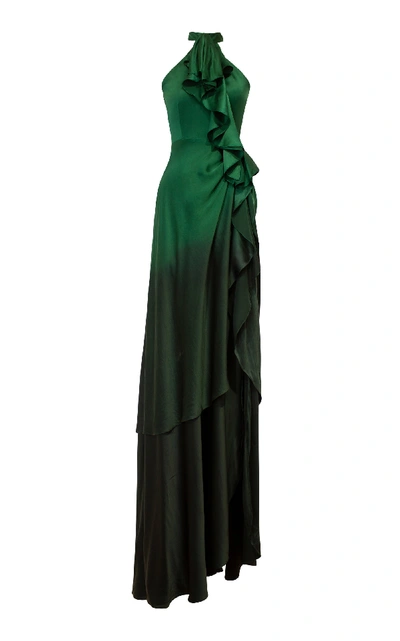 Shop Alejandra Alonso Rojas Silk Halter Neck Cascade Gown In Green