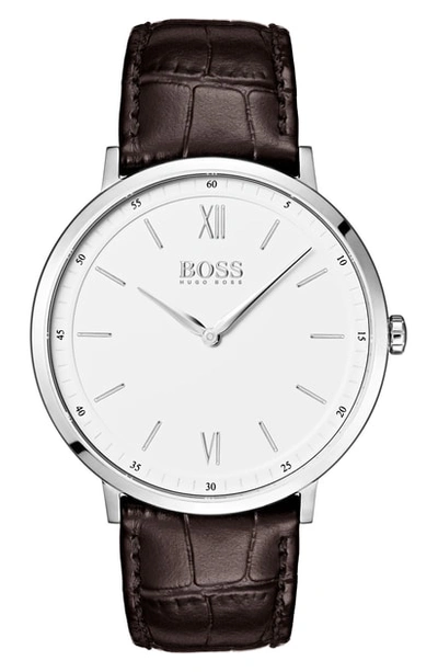 Shop Hugo Boss Essential Ultra Slim Leather Strap Watch, 40mm In White