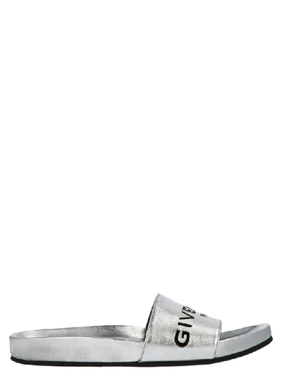 Shop Givenchy Logo Embossed Slides In Silver