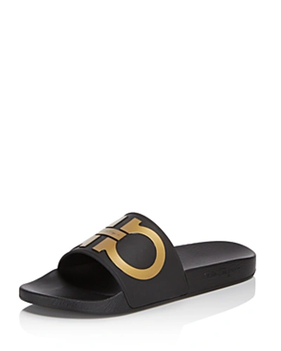 Shop Ferragamo Men's Groove 2 Original Double Gancini Slide Sandals In Black/gold Raised