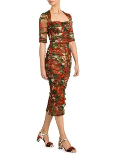 Shop Dolce & Gabbana Tulle Ruched Floral Dress In Red Print