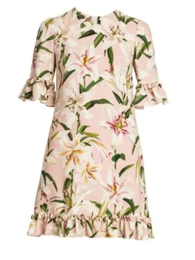 Shop Dolce & Gabbana Floral Print Ruffle Trim Dress In Light Pink Base Lily