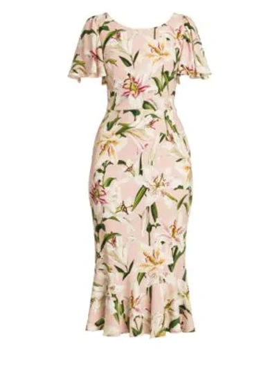 Shop Dolce & Gabbana Lily Print Flutter Sheath Dress In Light Pink Lily