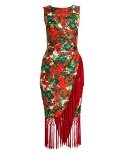 Shop Dolce & Gabbana Sleeveless Wrapped Fringe Dress In Red Print