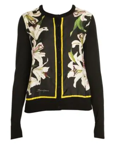 Shop Dolce & Gabbana Long Sleeve Floral Silk Cardigan In Black Base Lily Print