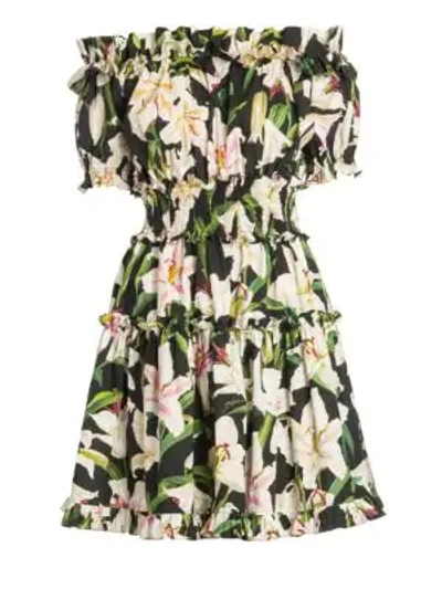 Shop Dolce & Gabbana Off-the-shoulder Ruffle Mini Dress In Black Base Lily Print