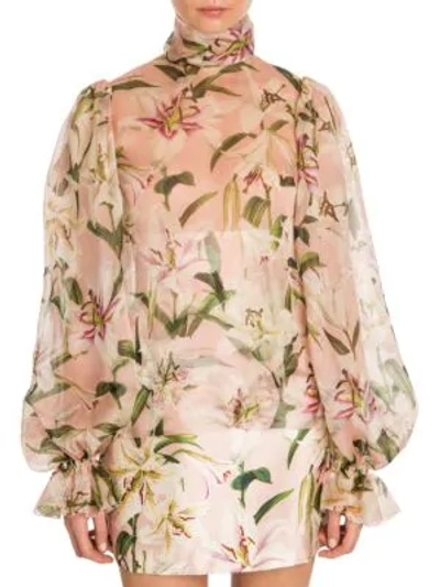 Shop Dolce & Gabbana Organza Lily Print High-neck Blouse